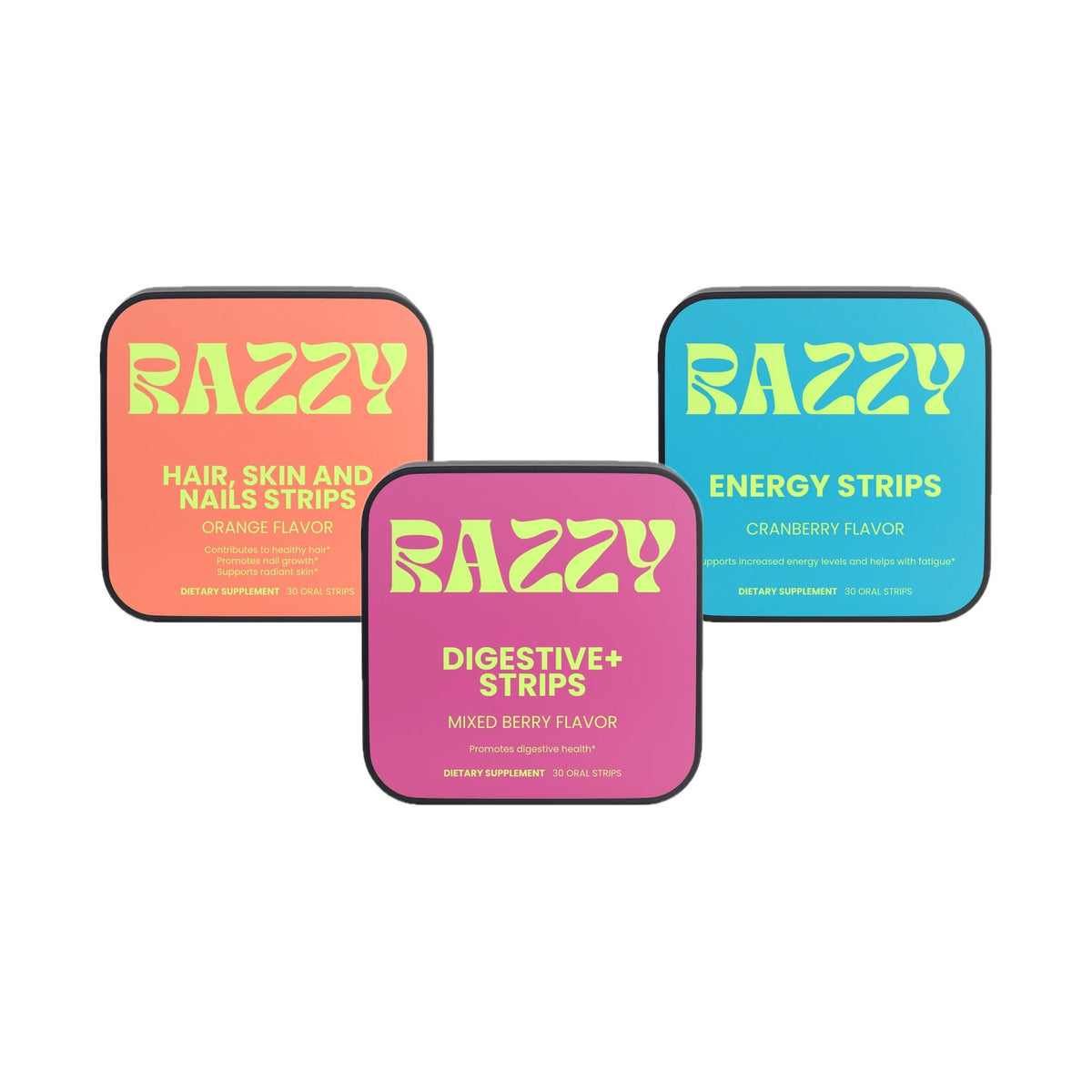 Vitality Trio: Hair, Skin and Nails, Digestive+ and Energy strip tins
